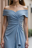 Off The Shoulder Grey Blue A Line Ruffled Work Dress