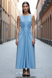 Sky Blue Ruched A Line Long Work Dress