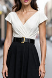 Ivory and Black A Line Midi Work Dress with Belt