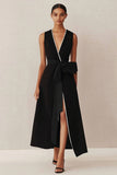 Black A Line Long Work Dress with Slit