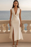 Ivory A Line V-Neck Graduation Dress with Slit
