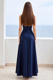 Strapless Navy A Line Formal Dress with Slit