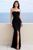 Strapless Black Sheath Formal Dress with Slit