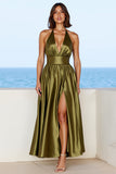 Halter Olive Satin Formal Dress with Slit
