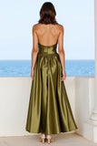 Halter Olive Satin Formal Dress with Slit