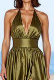 Halter Olive Satin Formal Dress with Slit
