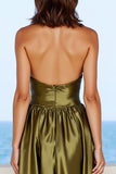 Halter Olive Satin Formal Dress with Slit