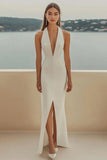 Halter Ivory Bodycon Formal Dress with Slit