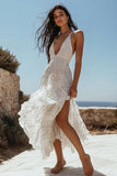 White Black Polka Dot A Line Long Holiday Party Dress With Slit