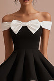 Cute Off the Shoulder Black Graduation Dress with Bow