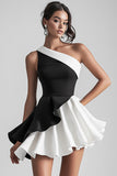One Shoulder Black White Ruffle Graduation Dress