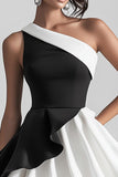 One Shoulder Black White Ruffle Graduation Dress