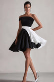 Black White A Line Ruffle One Shoulder Graduation Dress
