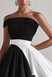 Black White A Line Ruffle One Shoulder Graduation Dress