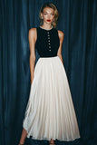 Black White Pleated A Line Midi Dress