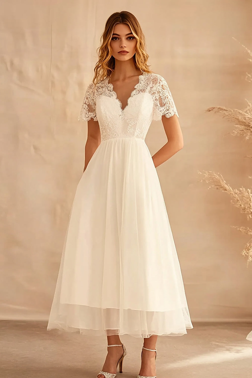 Berylove Women Ivory Lace Graduation Dress with Short Sleeves A Line Chiffon V-Neck Midi Engagement Dress, Ivory / US12 Berylove Women Ivory Lace Graduation Dress with Short Sleeves A Line Chiffon V-Neck Midi Engagement Dress, Ivory / US12