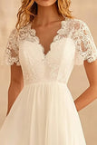Ivory A Line Lace Midi Graduation Dress with Short Sleeves