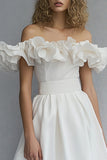 Off The Shoulder A Line White Graduation Dress with Ruffles