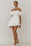 Off The Shoulder White Ruffled Short Graduation Dress