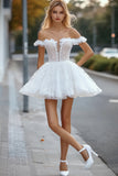 Off The Shoulder White A Line Graduation Dress With Appliques