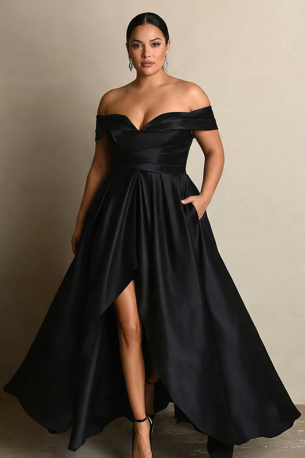 Berylove Women Black A Line Formal Dress Off the Shoulder Plus Size Satin Black Tie Dress with Slit, Black / custom Berylove Women Black A Line Formal Dress Off the Shoulder Plus Size Satin Black Tie Dress with Slit, Black / custom