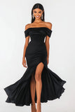 Off The Shoulder Ruched Mermaid Black Tie Dress with Slit