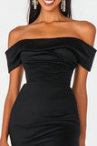 Off The Shoulder Ruched Mermaid Black Tie Dress with Slit