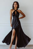 Halter A Line Chiffon Black Tie Dress with Slit