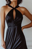 Halter A Line Chiffon Black Tie Dress with Slit