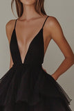 Ruffled Tulle Tiered Little Black Dress