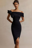 Off The Shoulder Ruffled Midi Black Tie Dress