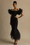 Mermaid Off The Shoulder Ruffled Black Tie Dress
