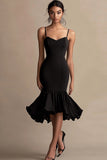 Mermaid Spaghetti Straps Black Tie Dress with Ruffles
