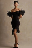 Bodycon Off The Shoulder Ruffled Tulle Little Black Dress