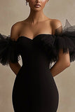 Bodycon Off The Shoulder Ruffled Tulle Little Black Dress