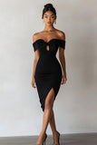 Off The Shoulder Keyhole Bodycon Black Cocktail Dress with Slit
