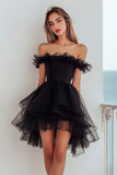 Tiered Black Off The Shoulder Ruffled Graduation Dress