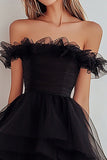 Tiered Black Off The Shoulder Ruffled Graduation Dress