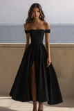 Off The Shoulder A Line Black Tie Dress with Slit