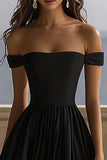Off The Shoulder A Line Black Tie Dress with Slit