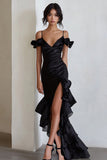 Cold Shoulder Ruffled High-Low Black Tie Dress