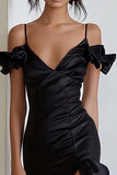 Cold Shoulder Ruffled High-Low Black Tie Dress