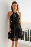 Tiered Black Halter Chiffon Graduation Dress