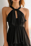 Tiered Black Halter Chiffon Graduation Dress