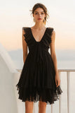 Chiffon Black A Line Ruffled Graduation Dress