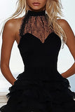 Black Halter Lace Tiered Graduation Dress