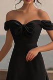 Off The Shoulder Midi Black Tie Dress with Slit