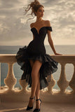 Off The Shoulder Ruffled High-Low Black Tie Dress