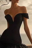 Off The Shoulder Ruffled High-Low Black Tie Dress