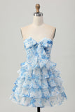 Pink Flower A Line Tiered Strapless Homecoming Dress with Bow